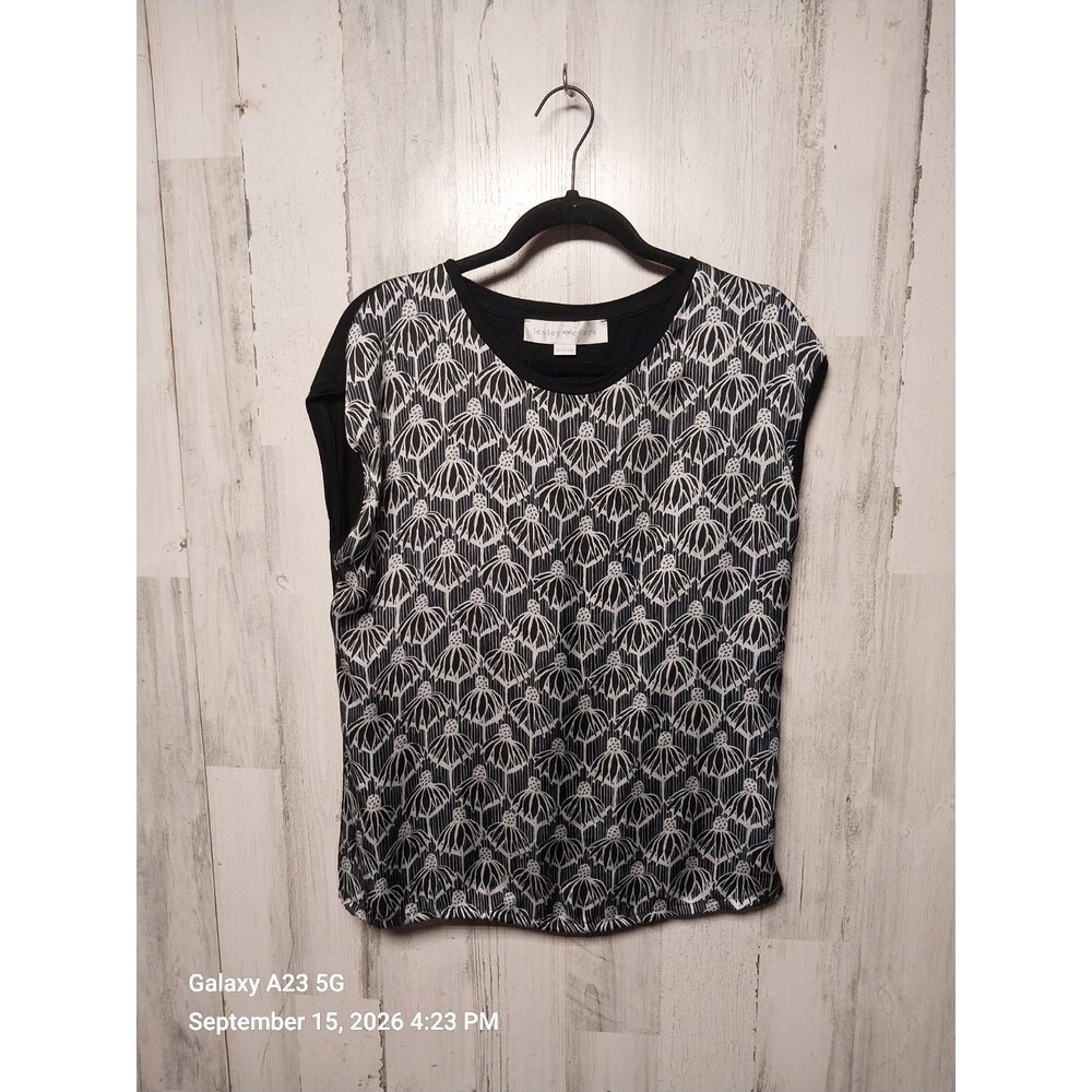 Lesley Evers Floral Print Cap Sleeve Mixed Media Top M Black White Artsy Boho